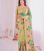 Yellow Viscose crunchy silk embroidered and diamond work saree