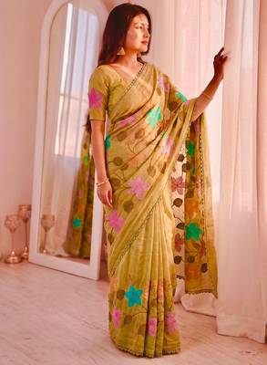 Yellow Viscose crunchy silk embroidered and diamond work saree 2