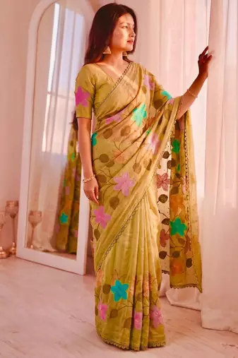 Yellow Viscose crunchy silk embroidered and diamond work saree
