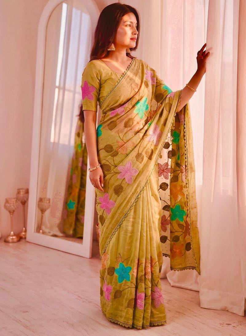 Yellow Viscose crunchy silk embroidered and diamond work saree