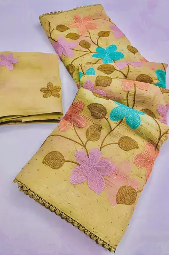 Yellow Viscose crunchy silk embroidered and diamond work saree