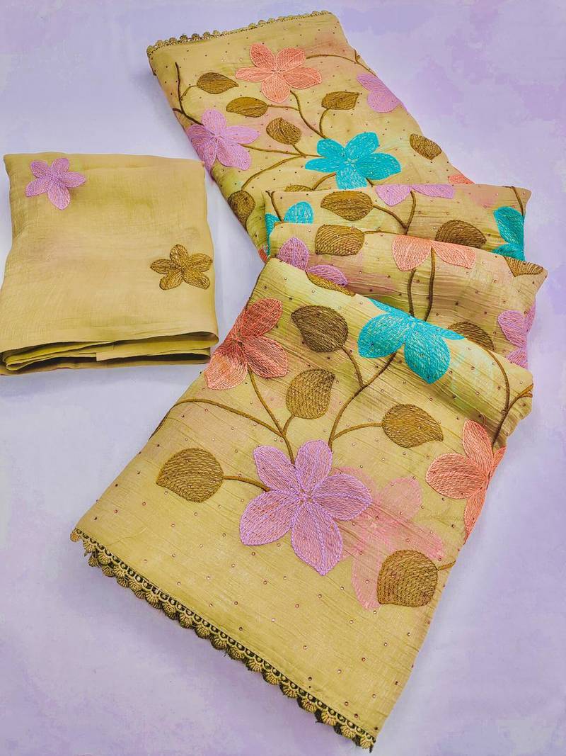 Yellow Viscose crunchy silk embroidered and diamond work saree