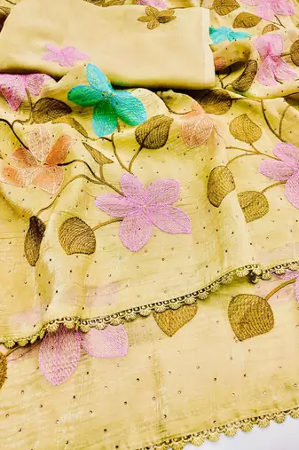 Yellow Viscose crunchy silk embroidered and diamond work saree