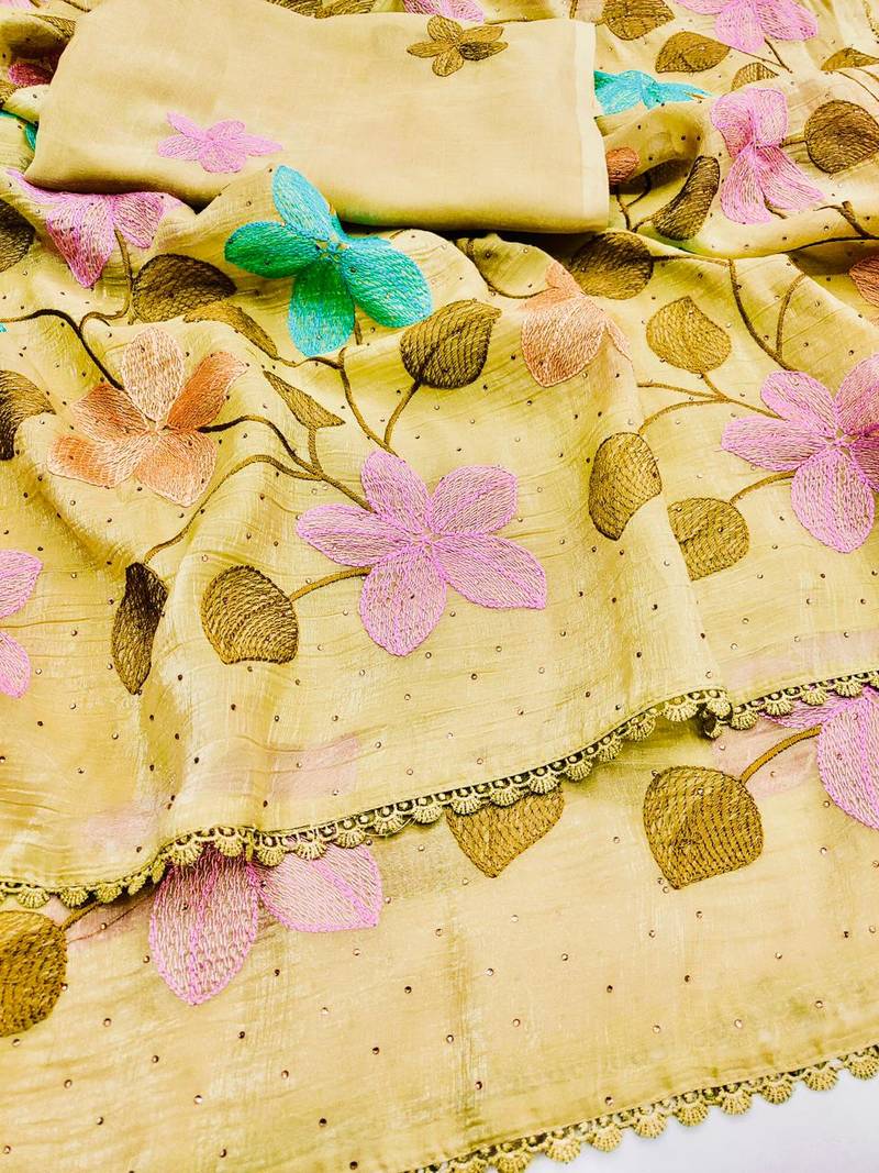 Yellow Viscose crunchy silk embroidered and diamond work saree