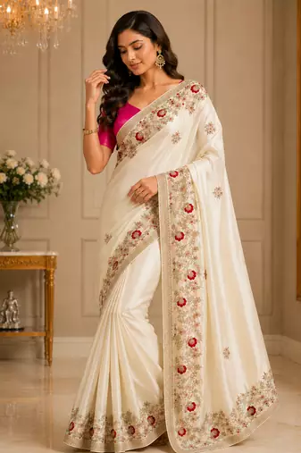 Ivory Color embroidery And Hand work Satin Saree