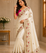 Ivory Color embroidery And Hand work Satin Saree