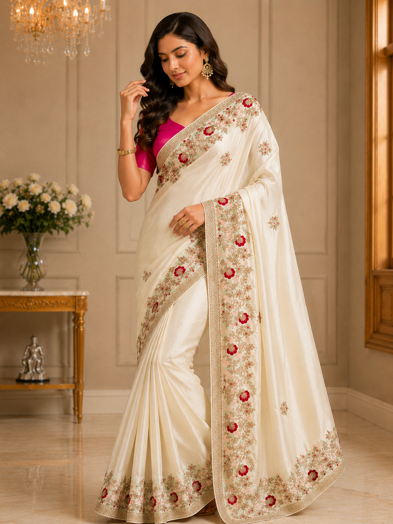 Ivory Color embroidery And Hand work Satin Saree