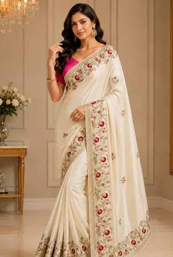 Ivory Color embroidery And Hand work Satin Saree