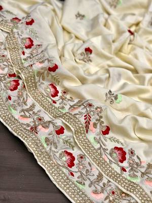 Ivory Color embroidery And Hand work Satin Saree 3