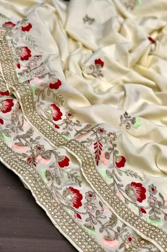 Ivory Color embroidery And Hand work Satin Saree