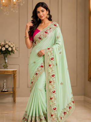 Light Green Color embroidery And Hand work Satin Saree 1