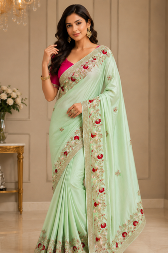 Light Green Color embroidery And Hand work Satin Saree