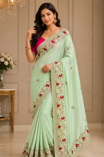 Light Green Color embroidery And Hand work Satin Saree