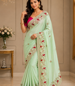 Light Green Color embroidery And Hand work Satin Saree