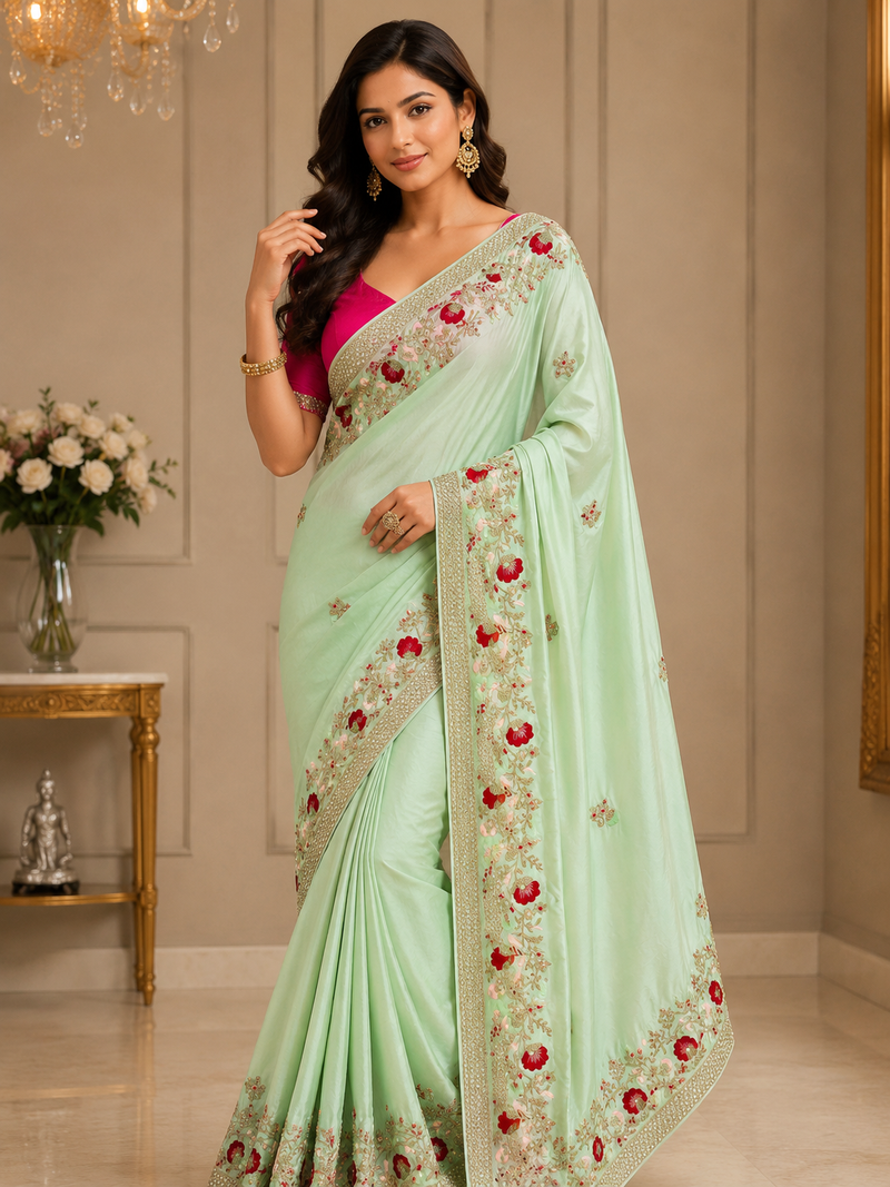 Light Green Color embroidery And Hand work Satin Saree