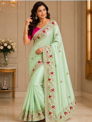 Light Green Color embroidery And Hand work Satin Saree 2