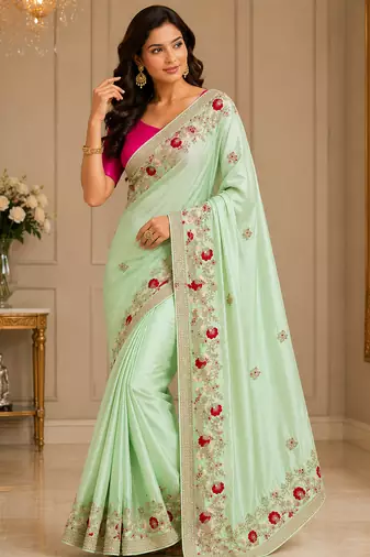 Light Green Color embroidery And Hand work Satin Saree