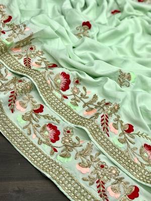 Light Green Color embroidery And Hand work Satin Saree 3