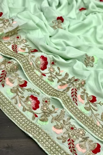 Light Green Color embroidery And Hand work Satin Saree