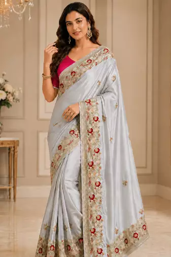 Light Lavender Color embroidery And Hand work Satin Saree