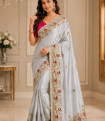 Light Lavender Color embroidery And Hand work Satin Saree