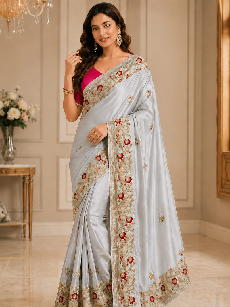 Light Lavender Color embroidery And Hand work Satin Saree