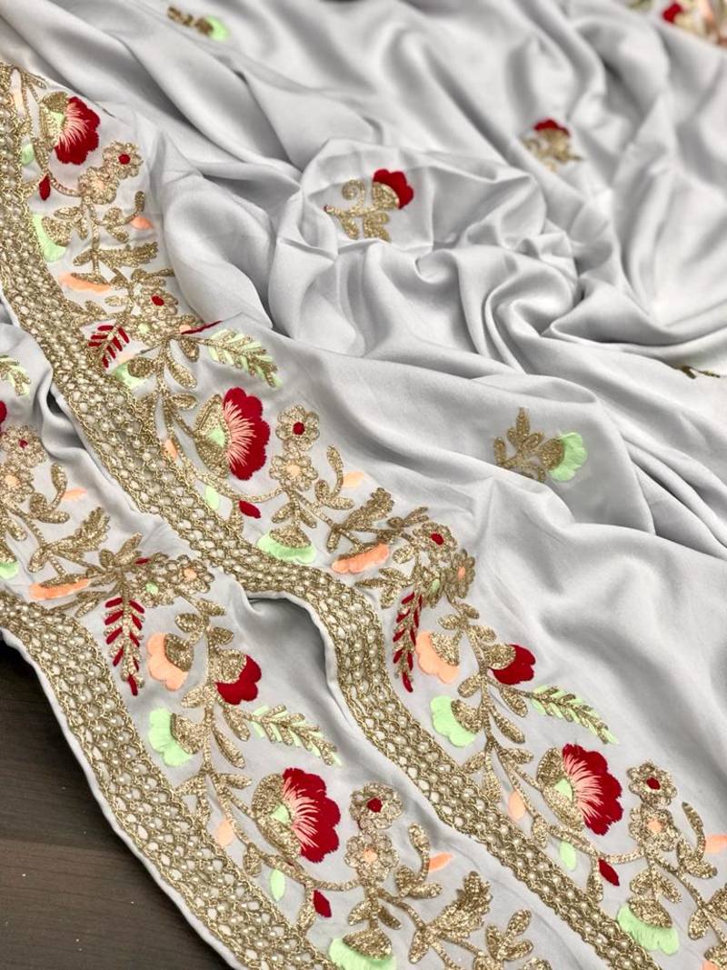 Light Lavender Color embroidery And Hand work Satin Saree