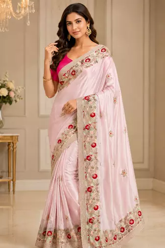 Light Pink Color embroidery And Hand work Satin Saree