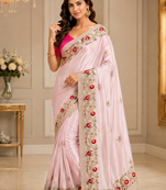 Light Pink Color embroidery And Hand work Satin Saree