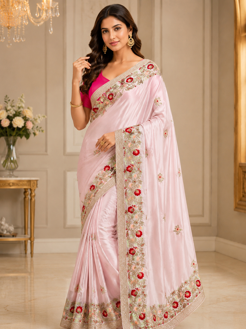 Light Pink Color embroidery And Hand work Satin Saree