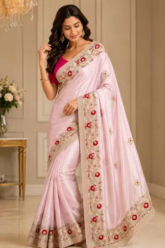 Light Pink Color embroidery And Hand work Satin Saree