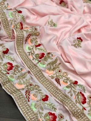 Light Pink Color embroidery And Hand work Satin Saree 3