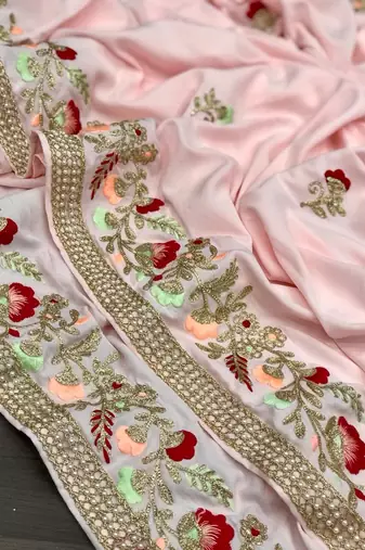 Light Pink Color embroidery And Hand work Satin Saree