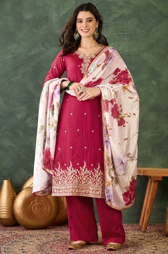 Women's Beautiful Embroidery Work Silk Fabric Straight Kurta Pant and Dupatta Set