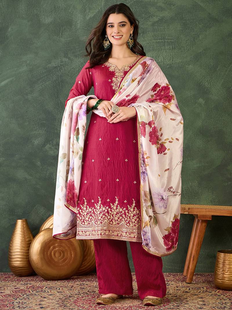 Women's Beautiful Embroidery Work Silk Fabric Straight Kurta Pant and Dupatta Set