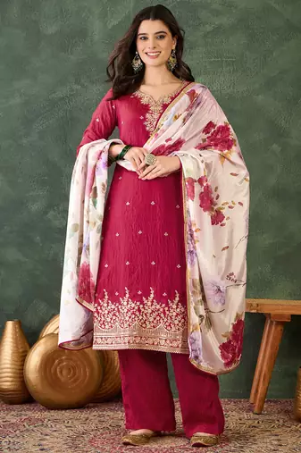 Women's Beautiful Embroidery Work Silk Fabric Straight Kurta Pant and Dupatta Set