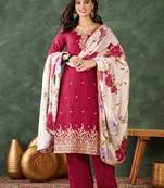 Women's Beautiful Embroidery Work Silk Fabric Straight Kurta Pant and Dupatta Set