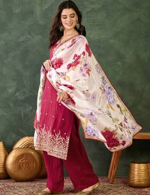 Women's Beautiful Embroidery Work Silk Fabric Straight Kurta Pant and Dupatta Set 3