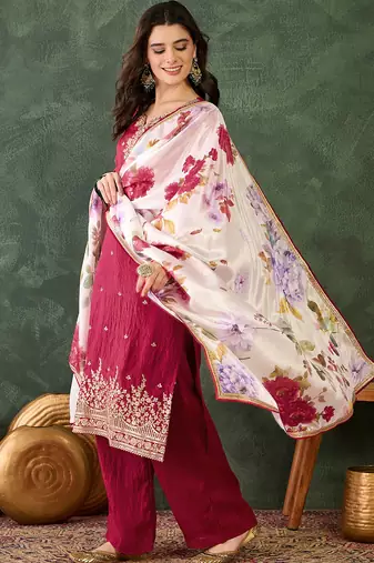 Women's Beautiful Embroidery Work Silk Fabric Straight Kurta Pant and Dupatta Set