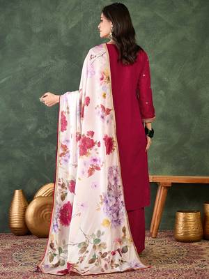 Women's Beautiful Embroidery Work Silk Fabric Straight Kurta Pant and Dupatta Set 4