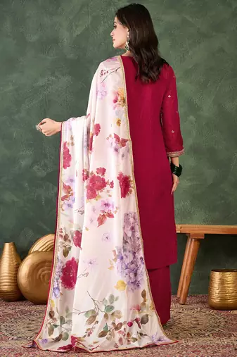Women's Beautiful Embroidery Work Silk Fabric Straight Kurta Pant and Dupatta Set