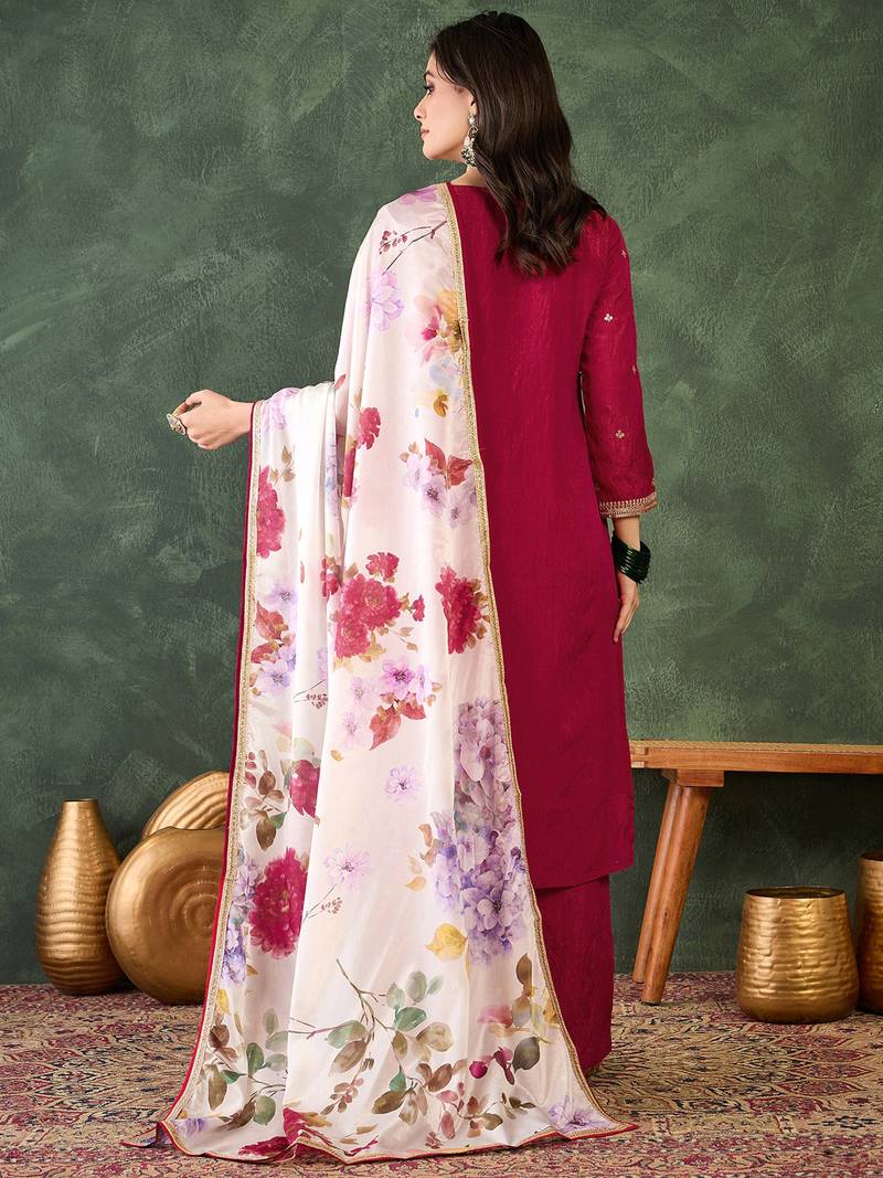 Women's Beautiful Embroidery Work Silk Fabric Straight Kurta Pant and Dupatta Set