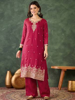 Women's Beautiful Embroidery Work Silk Fabric Straight Kurta Pant and Dupatta Set 5