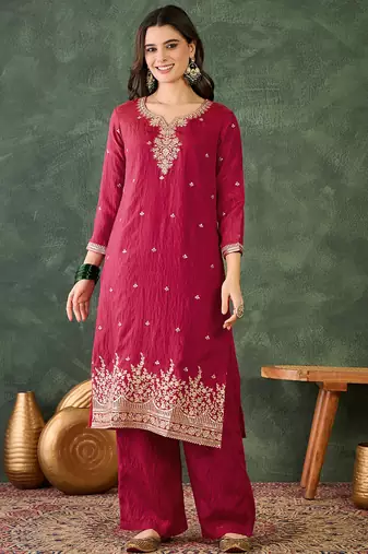 Women's Beautiful Embroidery Work Silk Fabric Straight Kurta Pant and Dupatta Set