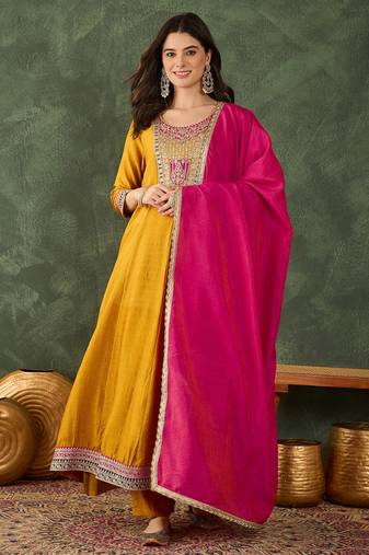 Women's Beautiful Embroidery Work Vichitra Silk Fabric Flared Anarkali Pant and Dupatta Set