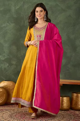 Women's Beautiful Embroidery Work Vichitra Silk Fabric Flared Anarkali Pant and Dupatta Set