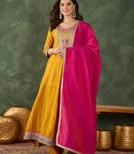 Women's Beautiful Embroidery Work Vichitra Silk Fabric Flared Anarkali Pant and Dupatta Set