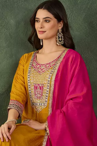 Women's Beautiful Embroidery Work Vichitra Silk Fabric Flared Anarkali Pant and Dupatta Set