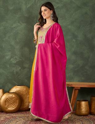 Women's Beautiful Embroidery Work Vichitra Silk Fabric Flared Anarkali Pant and Dupatta Set 3