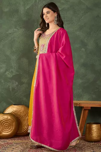 Women's Beautiful Embroidery Work Vichitra Silk Fabric Flared Anarkali Pant and Dupatta Set